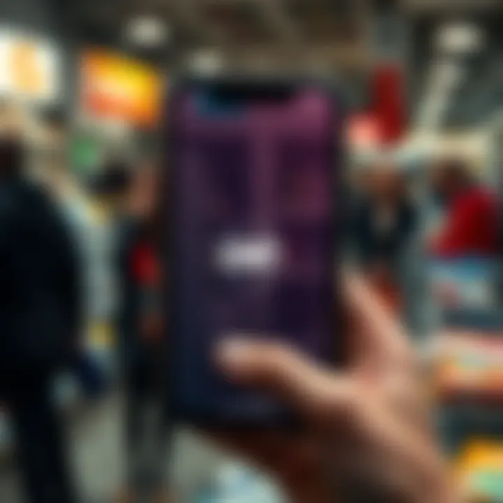A smartphone displaying an XRP wallet app with a background of people shopping and paying at a store