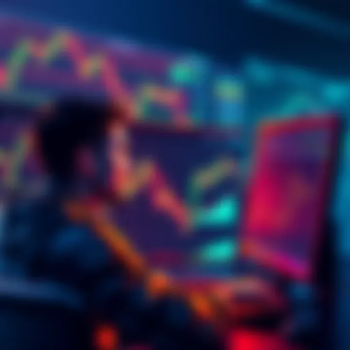A person analyzing XRP price charts on a computer, showing emotional expressions as they consider market trends, with financial graphs in the background.