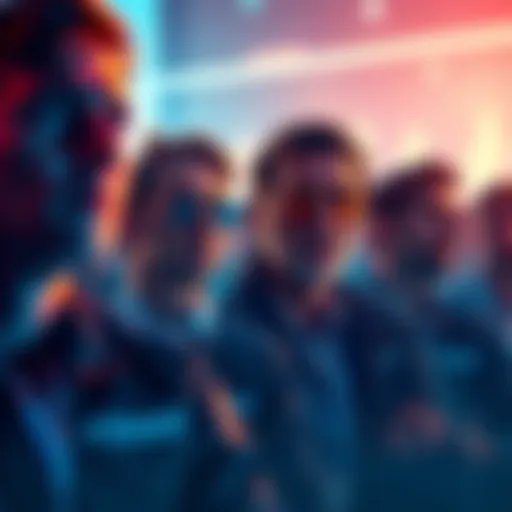 A group of XRP investors looking hopeful yet uncertain, showing emotions of excitement and concern about their investments.