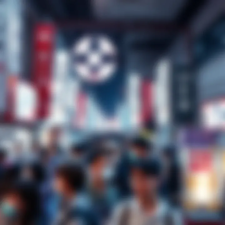 A gathering of people celebrating the XRP launch with banners and posters about Rakuten Japan, showing excitement and mixed reactions.