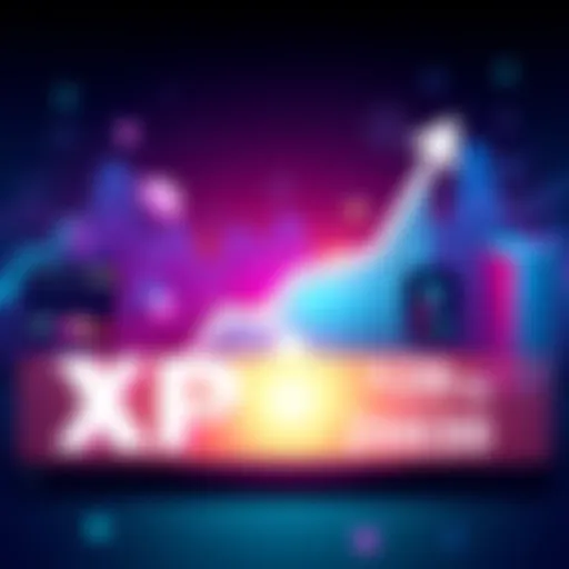 An illustration showing XRP at $1.43 with a futuristic upward trend line indicating a target of $28 by 2030. The background includes financial symbols and charts representing growth.