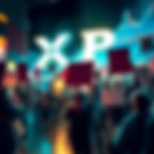People celebrating the rise of XRP price with signs and digital charts reflecting growth, symbolizing a push to reach 2 dollars again.