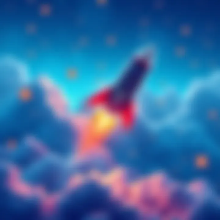 A digital illustration of a rocket launching with XRP symbols, representing soaring price predictions and investment frenzy.