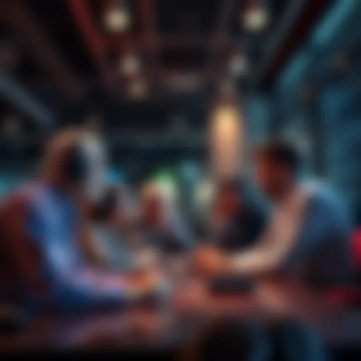 A group of people discussing different strategies for holding or trading XRP in a lively setting