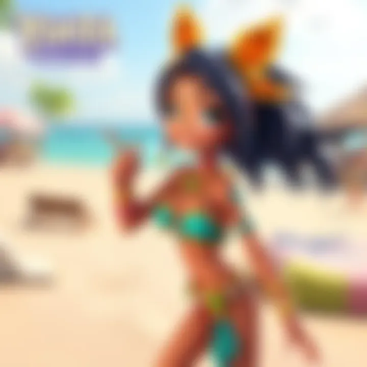 Yakra character in Beach Story Yakra, a vibrant character with colorful features, is shown in a beach setting, showcasing her playfulness and connection to the game.