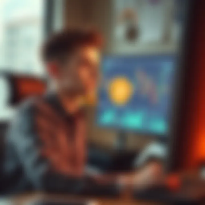 A 20-year-old young financial advisor sits at a desk, looking thoughtfully at a computer screen displaying Bitcoin charts and financial data.