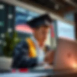 Young graduate considering investment options A young graduate looks thoughtfully at a laptop screen displaying financial charts and investment options while holding a cash gift in hand.