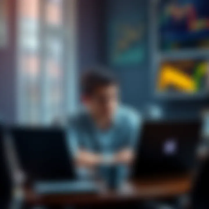 Young investor looking at falling cryptocurrency values A 23-year-old investor sits at a desk, looking stressed while checking cryptocurrency prices on a laptop, reflecting on recent losses in the market.