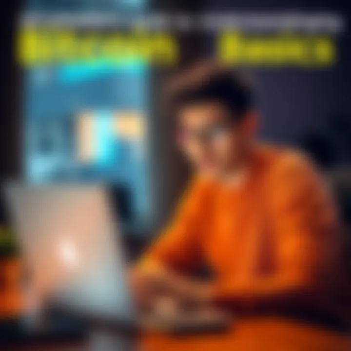 A 28-year-old man sitting at a desk, reading about Bitcoin on a laptop, looking focused and determined.