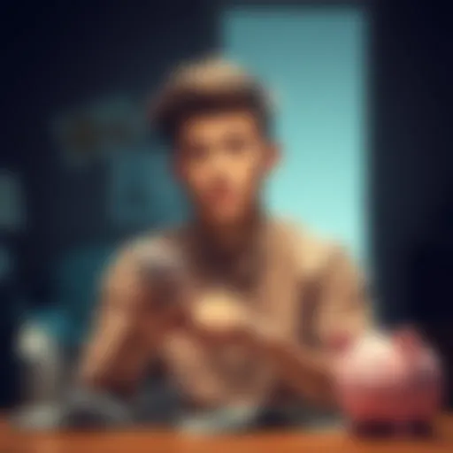 Young person contemplating finances A 23-year-old individual looks thoughtful while holding their phone, surrounded by bills and a piggy bank, pondering financial decisions and life experiences.