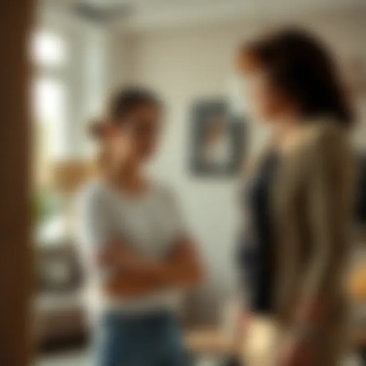 Young woman confronting her mother A young woman stands in a living room, looking conflicted as she talks to her mother, who appears emotional and concerned. The atmosphere is tense, reflecting their conversation about her decision to ...