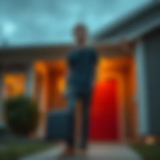 A young adult holding a suitcase stands outside a house, looking uncertain and contemplative after being asked to leave home at 18.