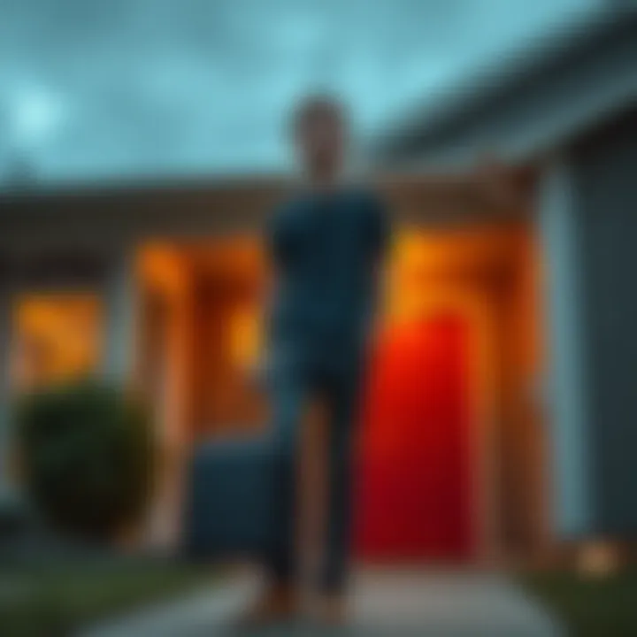 Young adult standing outside a house A young adult holding a suitcase stands outside a house, looking uncertain and contemplative after being asked to leave home at 18.