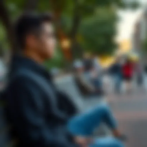 A 27-year-old man sits alone on a park bench, looking contemplative while surrounded by people chatting and socializing in the background.
