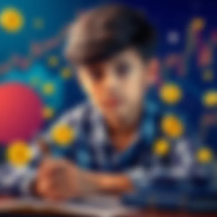 An 18-year-old student studying with Bitcoin symbols and financial charts around them, looking focused and determined.