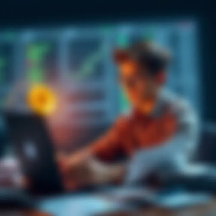 A young person reviewing Bitcoin charts on a laptop, contemplating investment options, surrounded by financial documents
