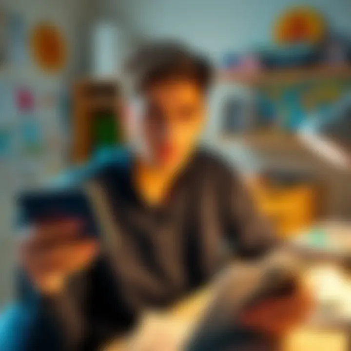 A 22-year-old man with a worried expression holding his phone, showing a Bitcoin chart with a downward trend. He sits at a desk cluttered with bills and travel brochures, reflecting his financial stre...