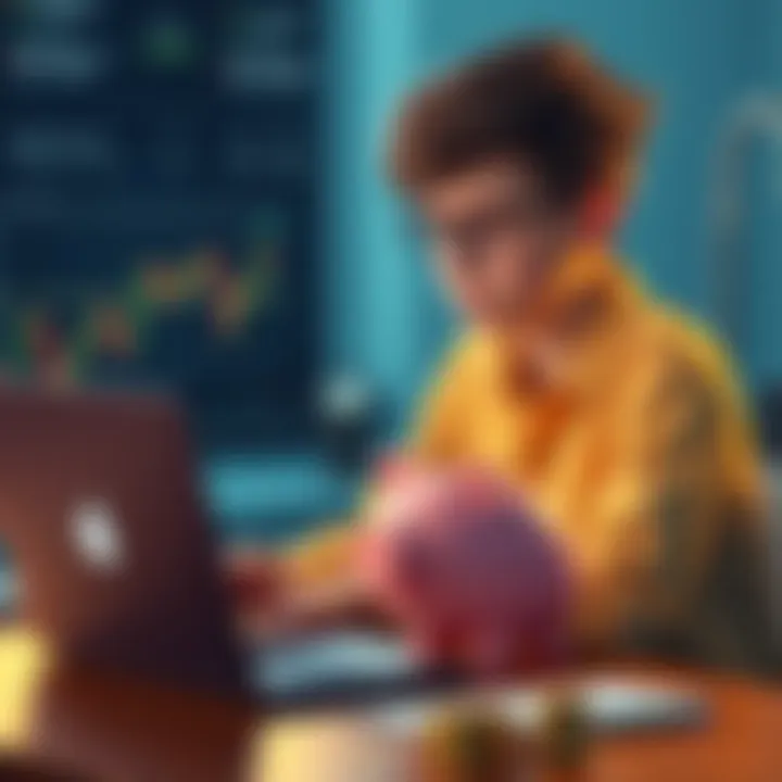An 18-year-old sitting at a desk with a laptop, looking at cryptocurrency charts and holding a piggy bank, contemplating investment