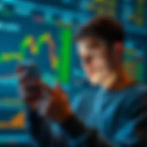 A young man looks worried while checking his smartphone for cryptocurrency prices, surrounded by charts and graphs showing losses in investments.