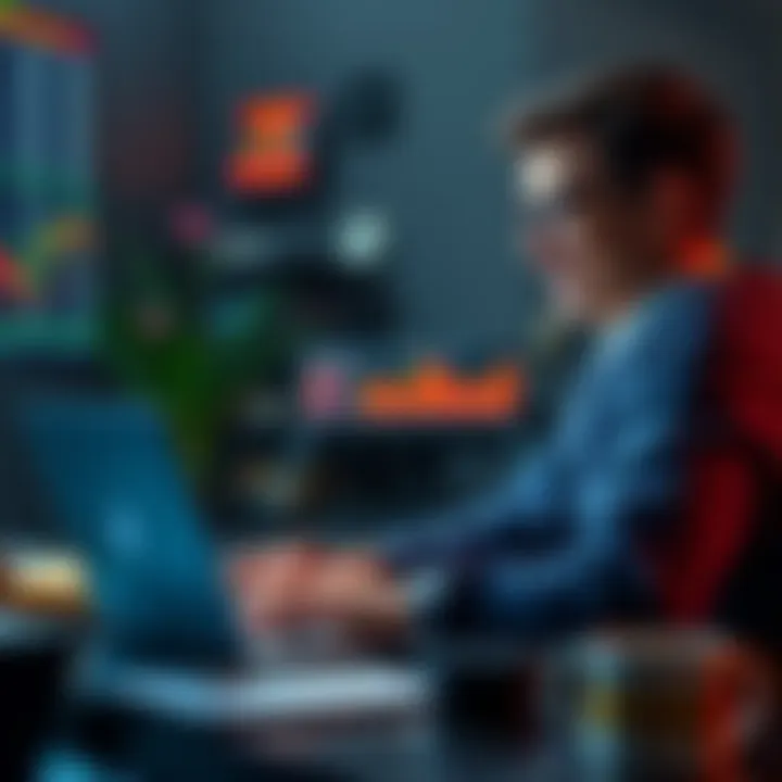 An 18-year-old investor sitting at a desk with a laptop, looking at stock and cryptocurrency charts, excited about investing.