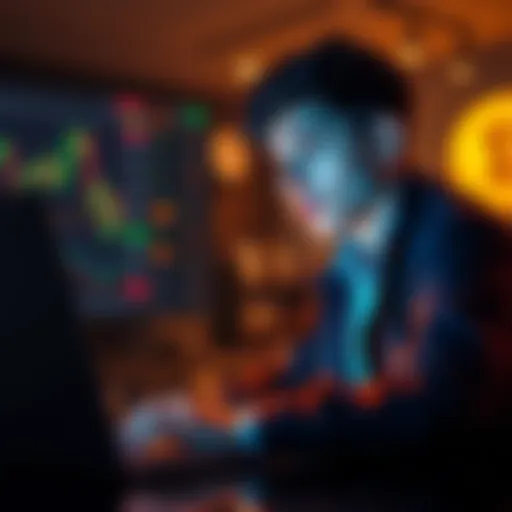 A young investor, 24 years old, looking at cryptocurrency charts on a laptop with a focused expression, symbolizing determination and patience in the crypto market.