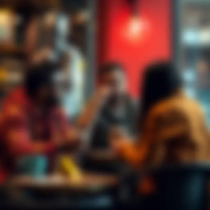 A group of young investors discussing gold and cryptocurrency trends at a coffee shop