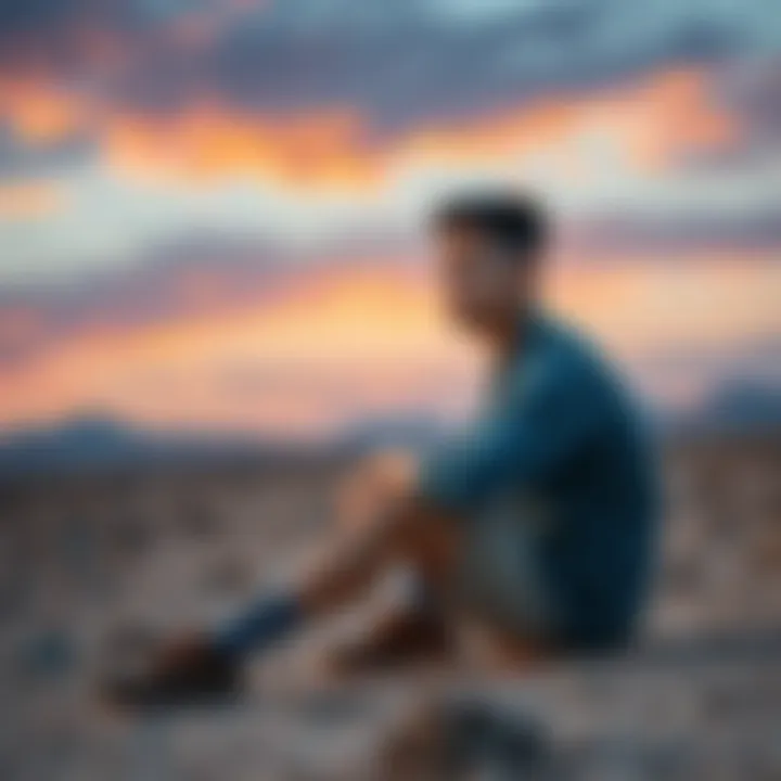 A young man sitting on a barren plot of land, looking concerned about lost money in crypto trading and thinking of ways to repay his family.