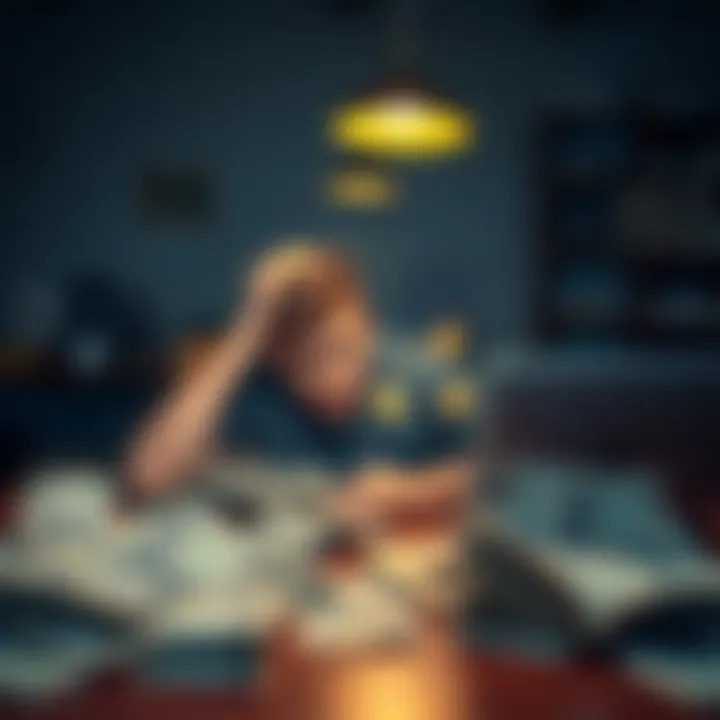 A young man sitting at a desk with a worried expression, surrounded by bills and a laptop showing cryptocurrency charts