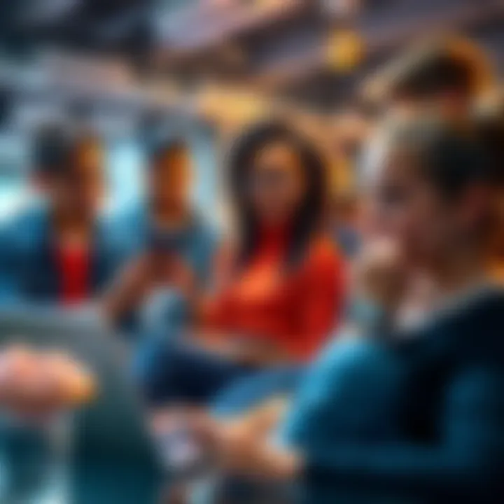 A group of young people discussing cryptocurrency investments with laptops and phones in a casual setting.