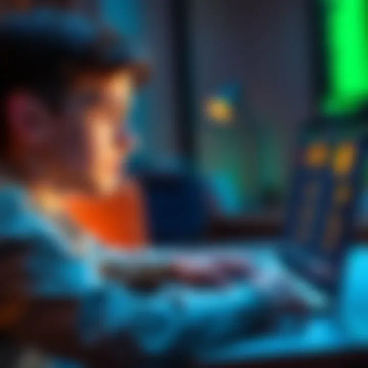 Young person thinking about buying Bitcoin A young person looking at a laptop with Bitcoin symbols on the screen, contemplating their investment options.