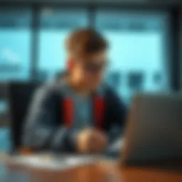 An 18-year-old student sitting at a desk, studying trading materials and looking thoughtful, with a laptop open displaying financial graphs.