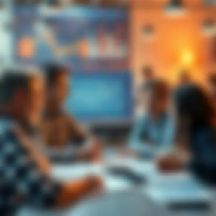 A group of younger adults discussing financial strategies with charts and graphs illustrating market trends, while Boomers look on from a distance, symbolizing the generational shift in finance.